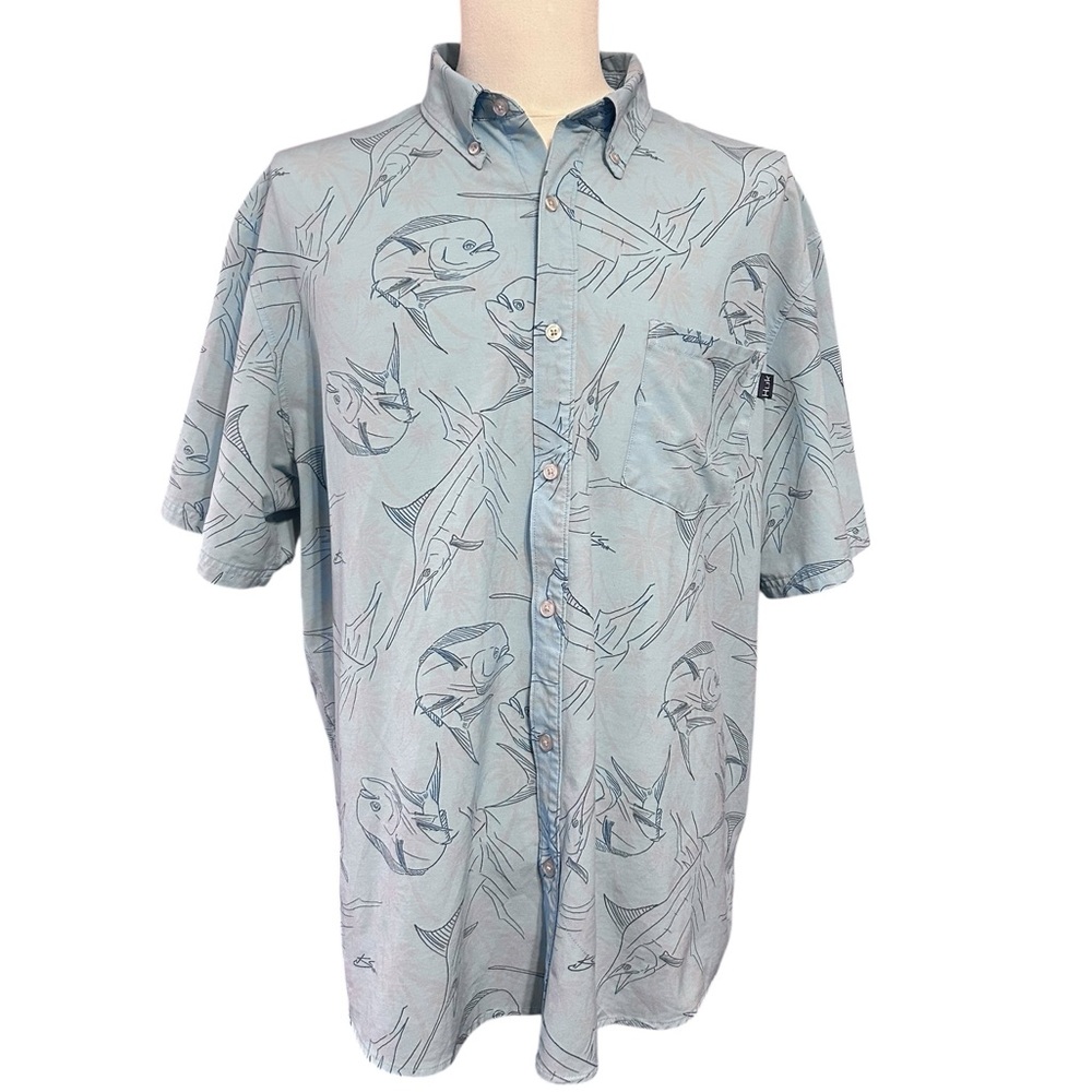 HUK Mens Fishing Shirt XXL Marlin Button Down Performance Blue UPF Gorp AOP Fish